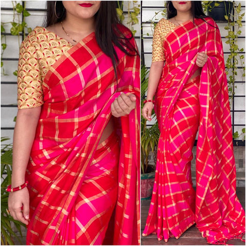 Mind-Blowing Rani Pink Color Designer German Checks Fancy Silk Saree Blouse