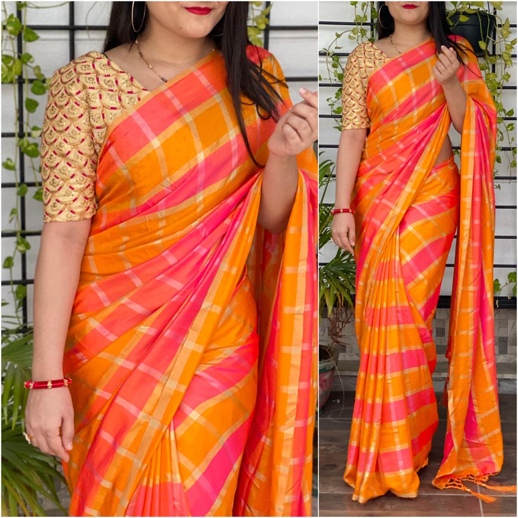 Fabulous Mustard Color Occasion Designer Checks German Design Silk Saree Blouse