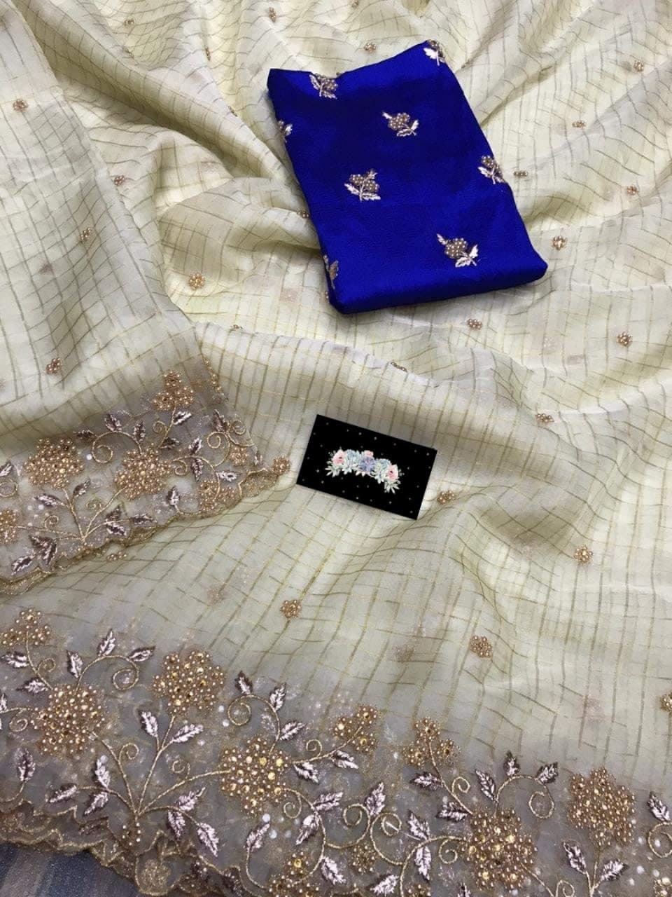 Mind-blowing White Color Stone Checks Diamond Embroidered Work Organza Saree Blouse