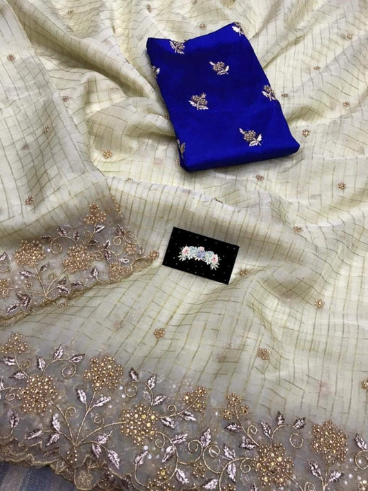 Mind-blowing White Color Stone Checks Diamond Embroidered Work Organza Saree Blouse
