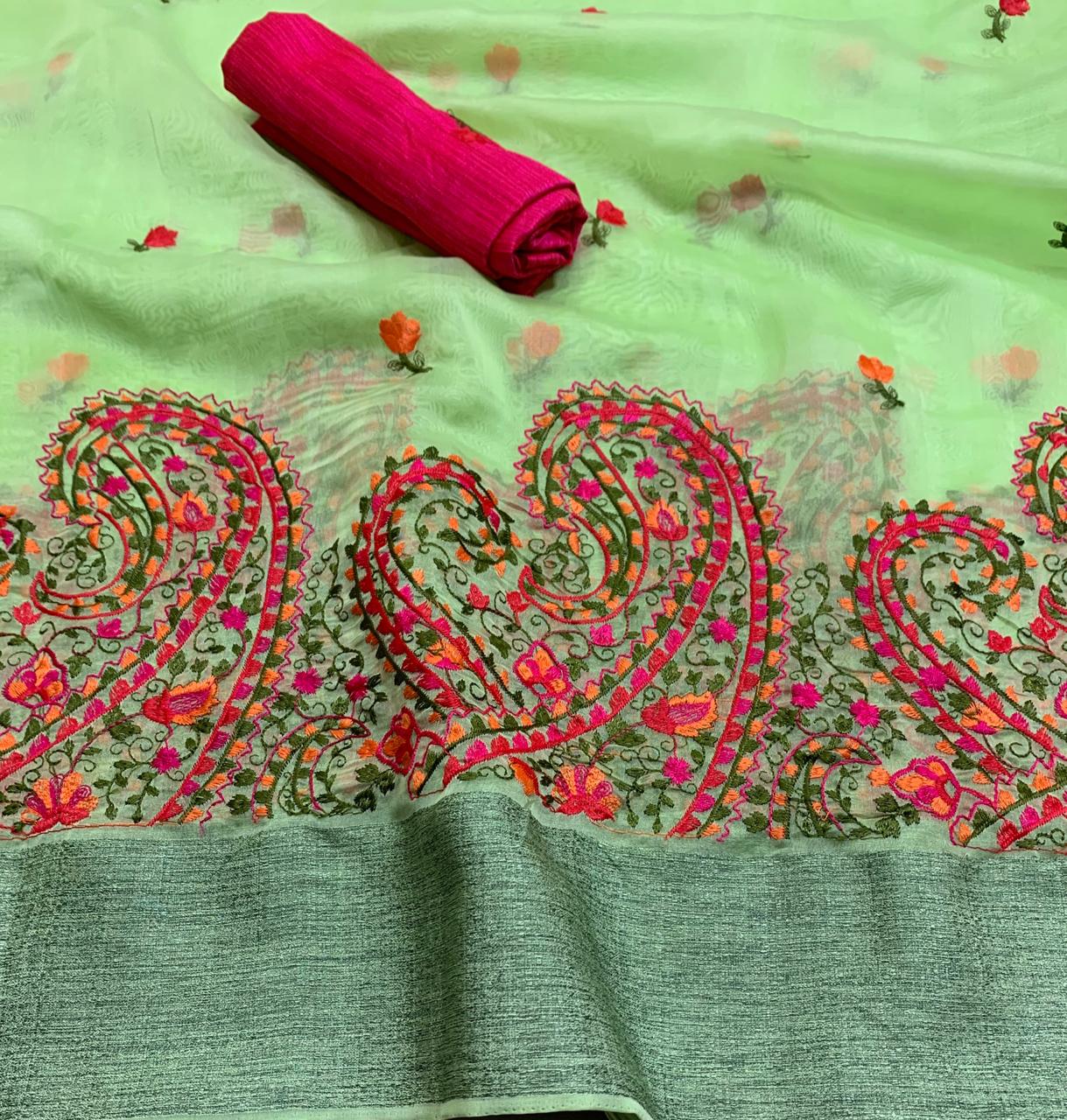 Pretty Pista Green Color Fancy Cotton Tassels Pallu Khatli Border Organza Designer Saree Blouse For Festive Wear