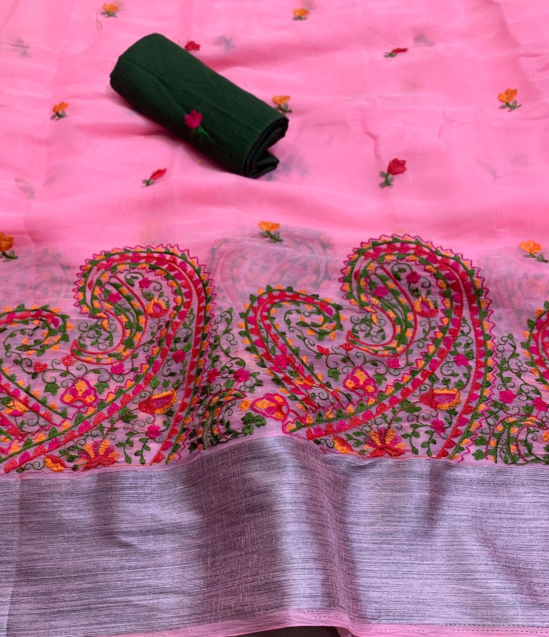 Striking Pink Color Function Wear Organza Designer Cotton Tassels Pallu Khatli Border Designer Saree Blouse