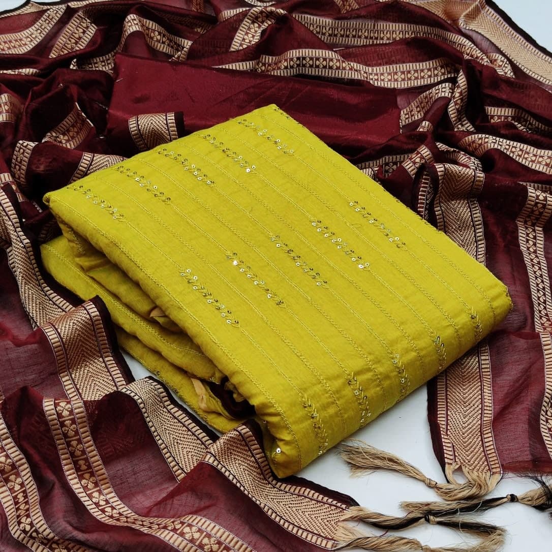 Elegant Mustard Color Chanderi Embroidered Work Salwar Suit For Regular Wear