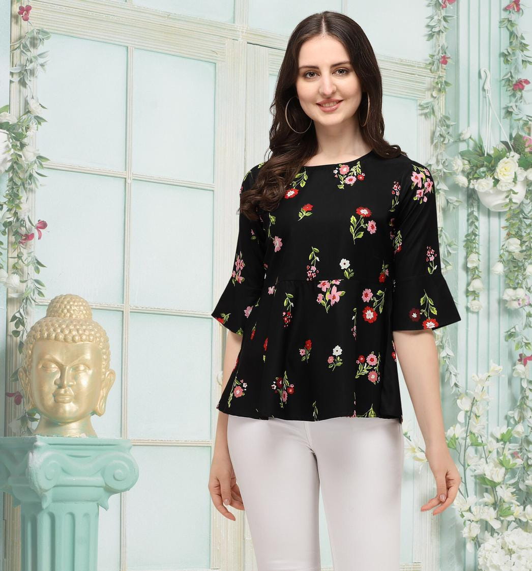 Sensational Black Color Casual Wear Printed Crape American Design Ready Made Top