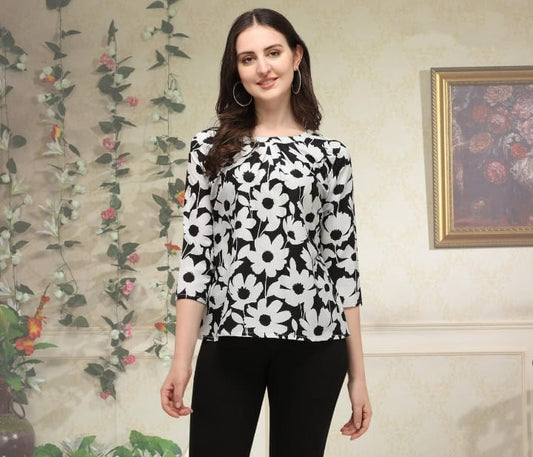 Blooming White Color Full Stitched American Crape Digital Printed Top For Women