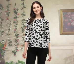 Blooming White Color Full Stitched American Crape Digital Printed Top For Women