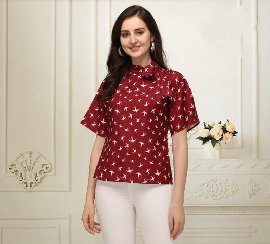 Unique Maroon Color Ready Made American Crape Printed Western Wear Top