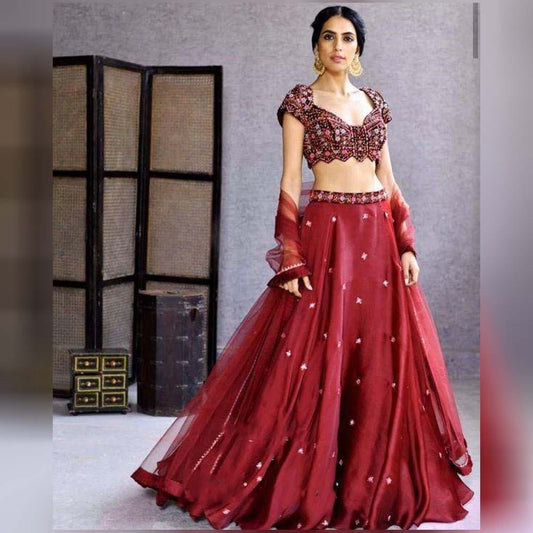 Bewitching Maroon Color Wedding Wear Satin Georgette Designer Embroidered Work Lehenga Choli