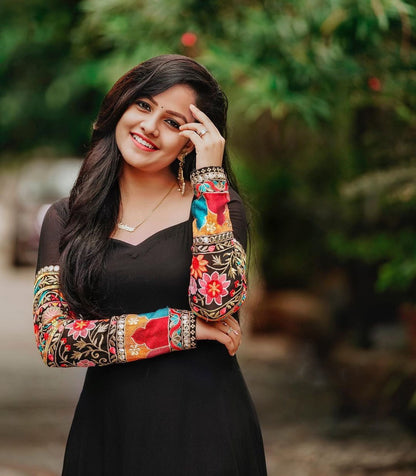 Dazzling Black Georgette Multi Color Thread Work Stitched Long Gown