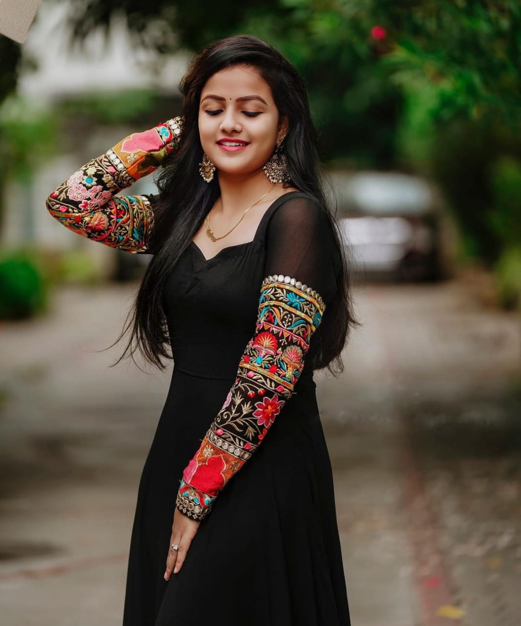 Dazzling Black Georgette Multi Color Thread Work Stitched Long Gown