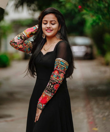 Dazzling Black Georgette Multi Color Thread Work Stitched Long Gown