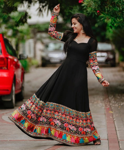 Dazzling Black Georgette Multi Color Thread Work Stitched Long Gown