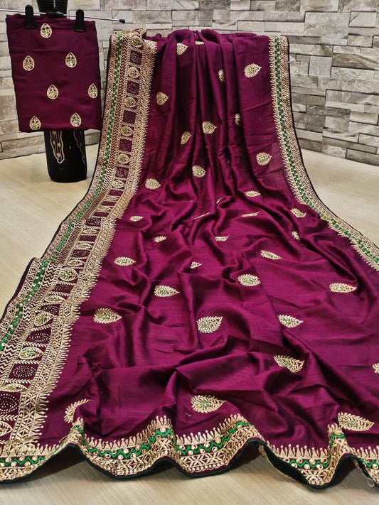 Classic Wine Color Vichitra Silk Embroidered Work Saree Blouse For Party Wear