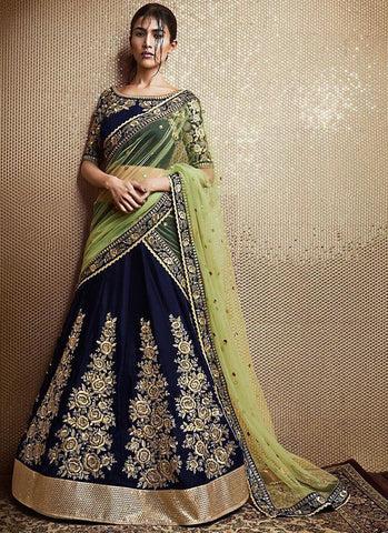 Charming Navy Blue Color Fancy Tapetta Velvet Designer Embroidered Work Wedding Wear Lehenga Choli