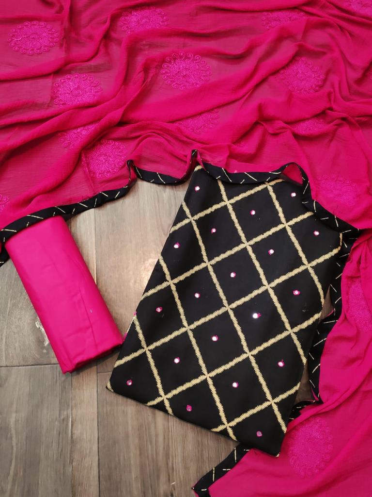 Exquisite Party Wear Rani Pink Color Foil Mirror Designer Cotton Dress Material For Women