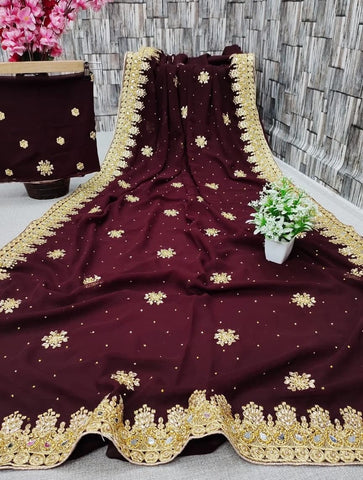 Maroon Color Georgette Embroidered Diamond Work Saree Blouse Design