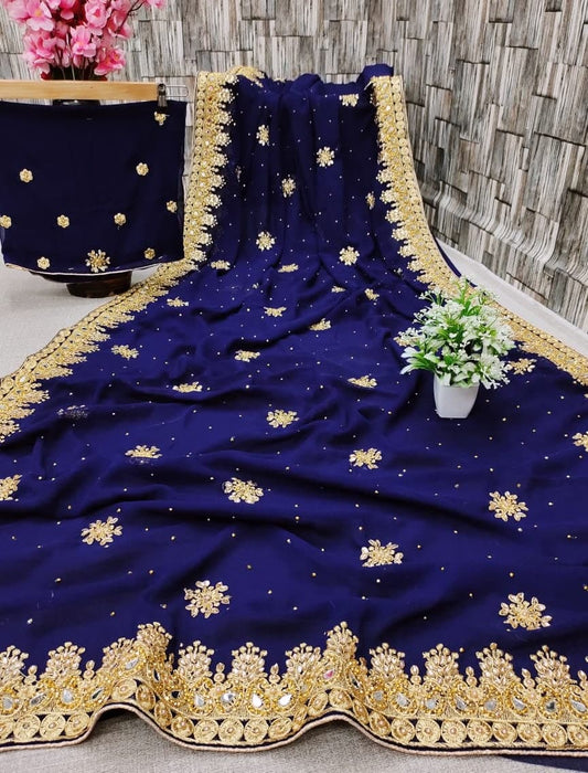 Gorgeous Blue Color Georgette Embroidered Work Fancy Saree Blouse For Running Wear