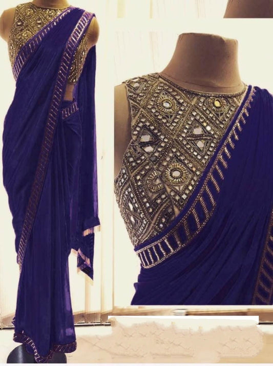 Knockout Royal Blue Color Beautiful Embroidered Coding Work Border Georgette Designer Saree Blouse For Party Wear