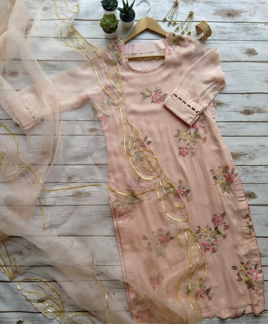 Mind-blowing Peach Color Ready Made Georgette Sequence Work Salwar Suit
