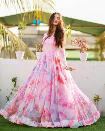 Decent Pink Color Ready Made Georgette Printed Work Gown For Ladies
