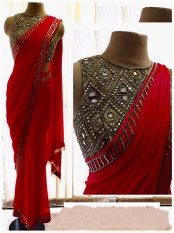 Beauteous Red Color Function Wear Coding Embroidered Work Fancy Georgette Designer Saree Blouse