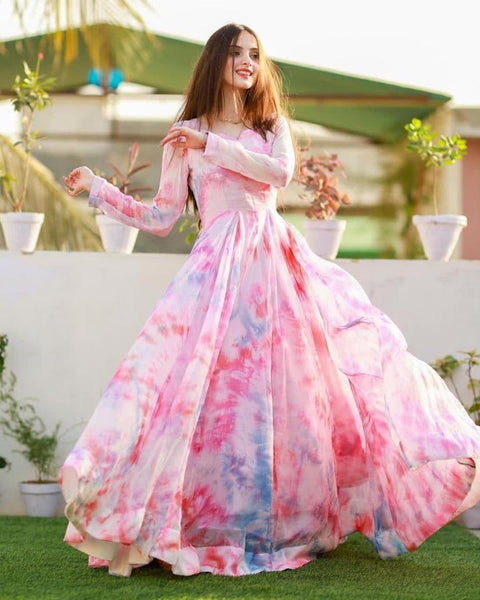 Decent Pink Color Ready Made Georgette Printed Work Gown For Ladies