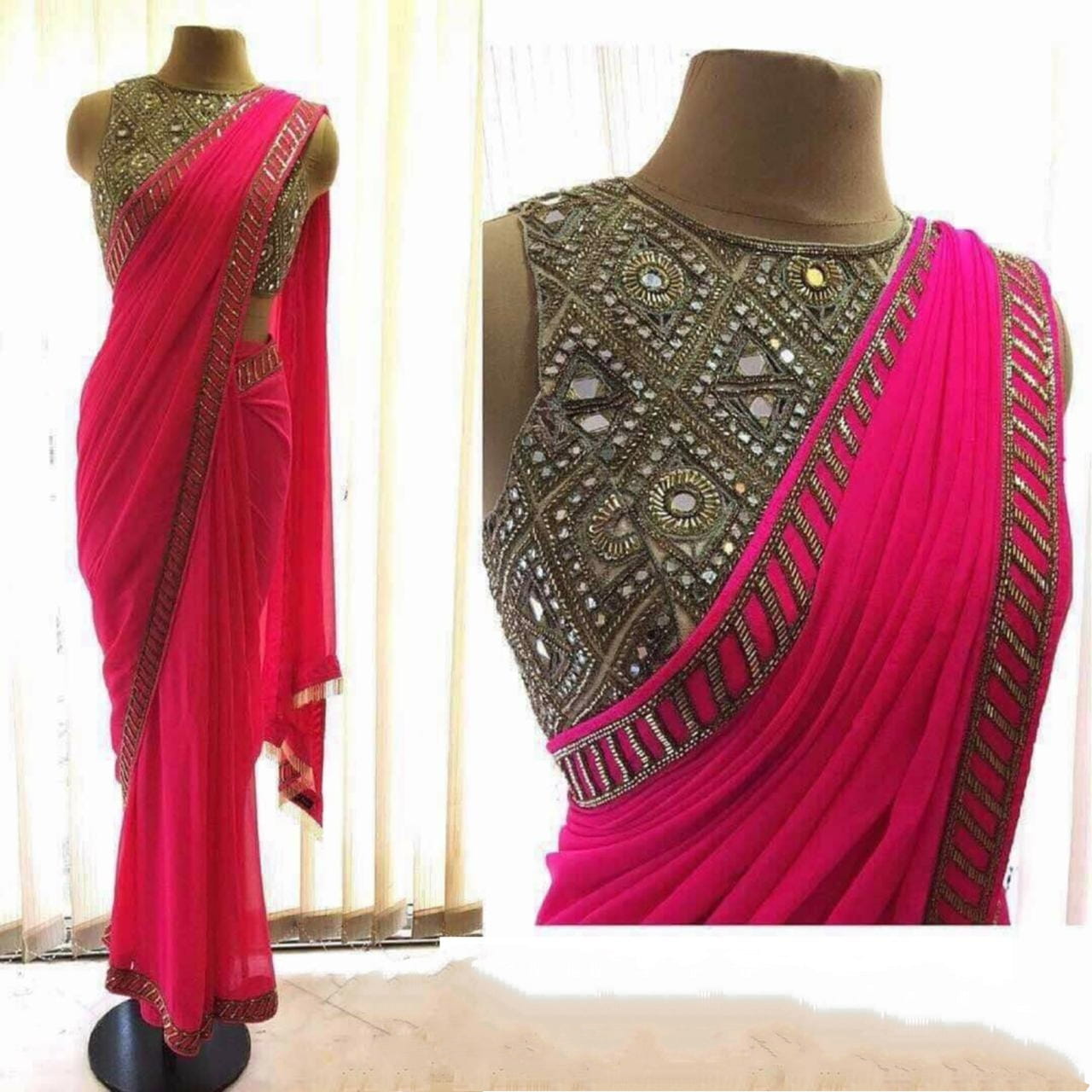 Pulchritudinous Wear Rani Pink Color Georgette Designer Coding Embroidered Work Designer Saree Blouse