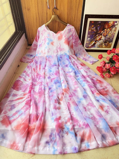 Decent Pink Color Ready Made Georgette Printed Work Gown For Ladies