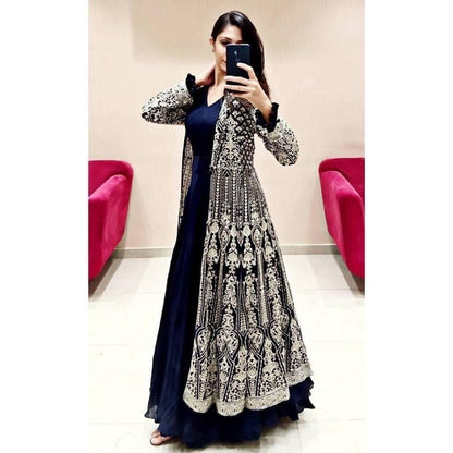 Glourous Navy Blue Color Georgette Embroidered Work Indo Western Suit