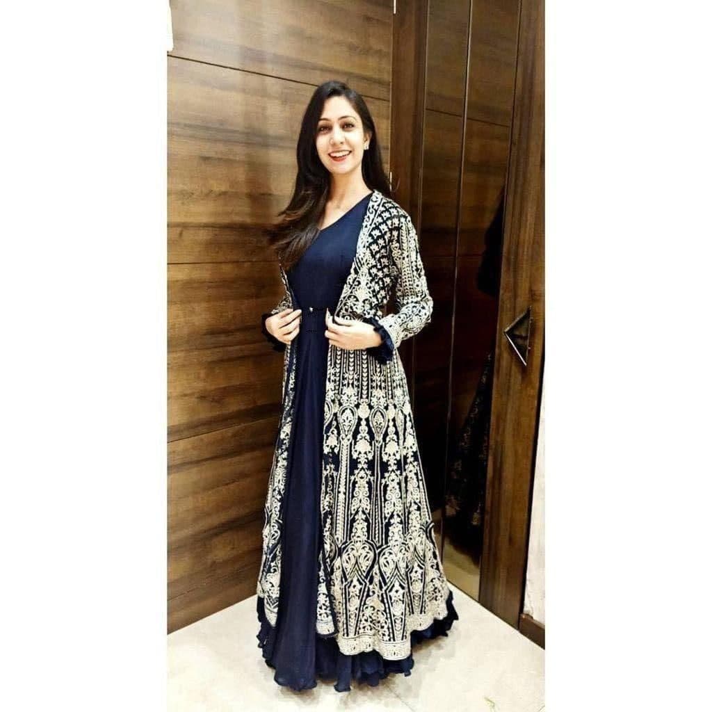Glourous Navy Blue Color Georgette Embroidered Work Indo Western Suit