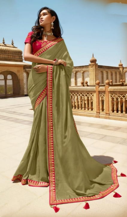 Remarkable Mehendi Green Color Wear Vichitra Silk Beautiful Embroidered Work Designer Saree Blouse