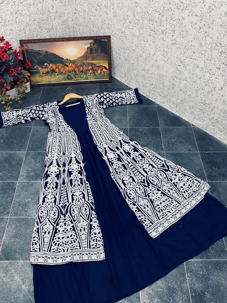 Glourous Navy Blue Color Georgette Embroidered Work Indo Western Suit