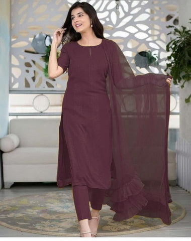 Energetic Wine Color Ready Made Rayon Thread Work Salwar Suit