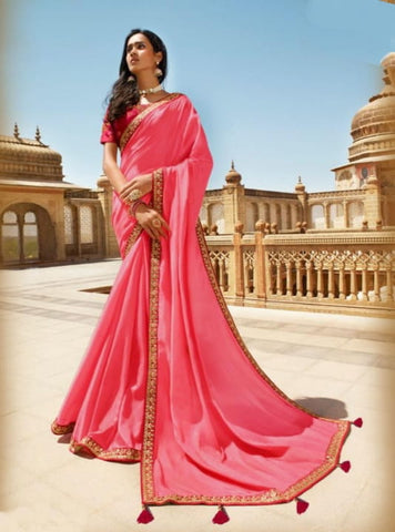 Extraordinary Pink Color Party Wear Embroidered Work Fancy Vichitra Silk Designer Saree Blouse