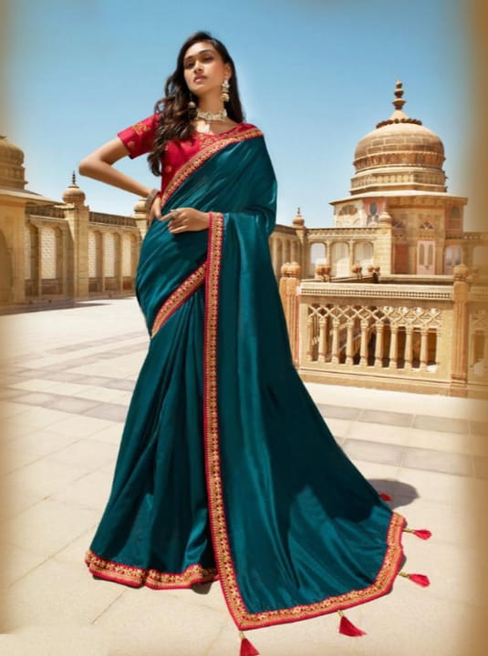 Amazing Rama Color Festive Wear Embroidered Work Beautiful Vichitra Silk Designer Saree Blouse For Women