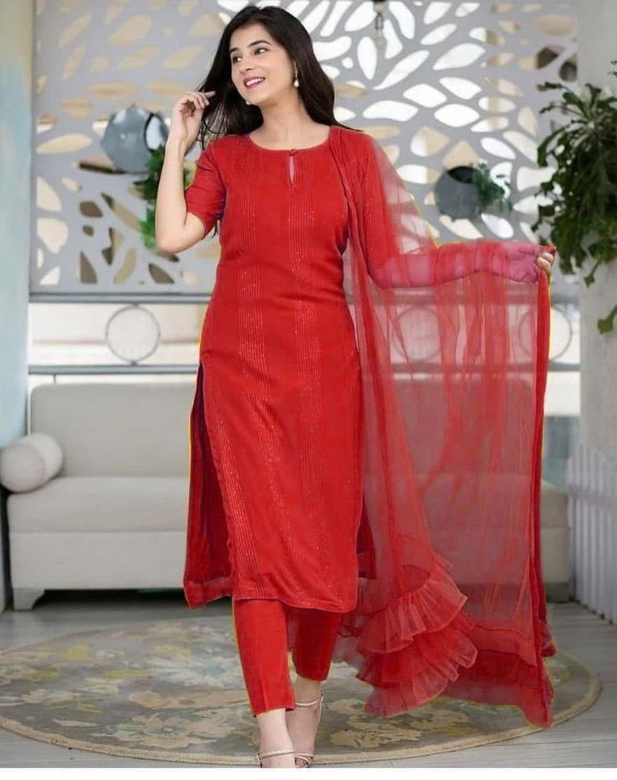 Decent Red Color Full Stitched Sequence Work Salwar Suit For Women