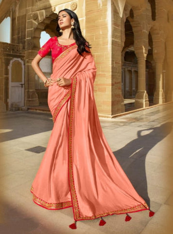Astonishing Peach Color Festive Wear Vichitra Silk Fancy Embroidered Work Designer Saree Blouse