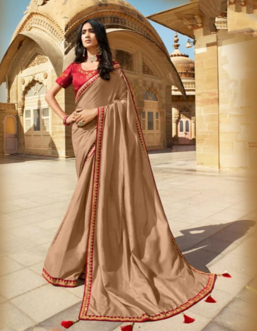 Marvellous Beige Color Stylish Vichitra Silk Fancy Embroidered Work Wedding Wear Designer Saree Blouse