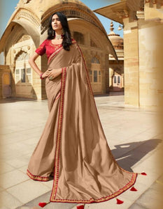 Marvellous Beige Color Stylish Vichitra Silk Fancy Embroidered Work Wedding Wear Designer Saree Blouse