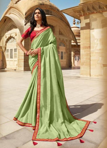 Phenomenal Green Color Party Wear Embroidered Work Vichitra Silk Designer Saree Blouse For Ladies