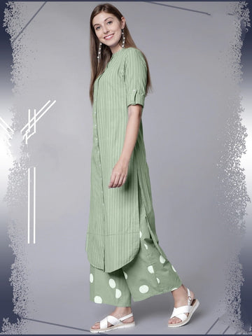 Fabulous Light Green Color Designer Thread Work Cotton Rayon Full Stitched Kurti Plazo For Party Wear