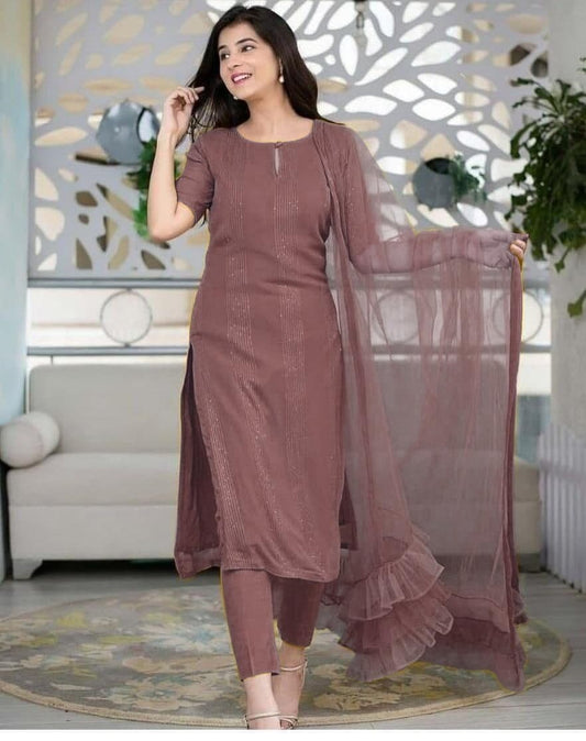 Party Wear Violet Color Fancy Sequence Work Rayon Ready Made Salwar Suit For Ladies