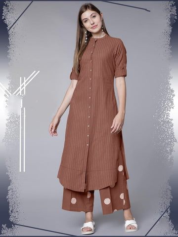 Comely Brown Ready Made Cotton Thread Work Rayon Kurti Plazo For Festive Wear