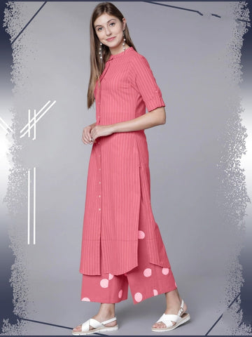 Pretty Pink Color Function Wear Ready Made Rayon Cotton Fancy Thread Work Plazo Kurti For Ladies