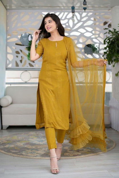 Mustard Color Full Stitched Sequence Thread Work Rayon Salwar Suit