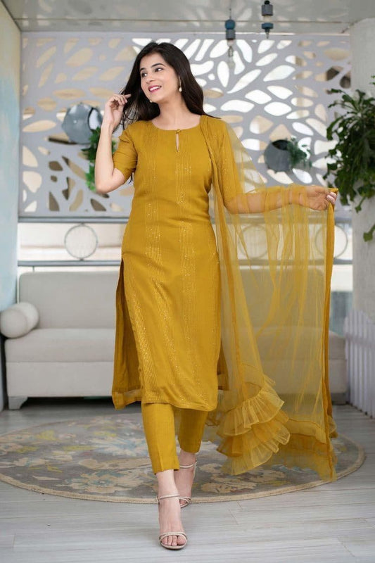 Mustard Color Full Stitched Sequence Thread Work Rayon Salwar Suit