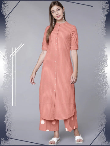 Sensational Peach Color Full Stitched Cotton Rayon Thread Work Designer Party Wear Plazo Kurti