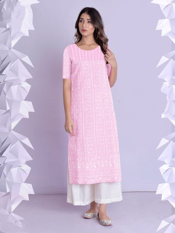 Radiant Baby Pink Color Full Stitched Cotton Rayon Fancy Thread Work Plazo Kurti For Party Wear