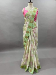 Fabulous Green Color Georgette Printed Embroidered Work Saree Blouse