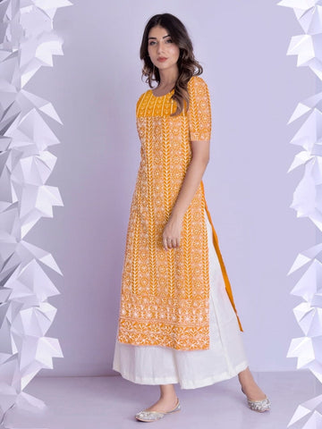 Ravishing Mustard Color Ready Made Cotton Rayon Fancy Thread Work Beautiful Kurti Plazo For Function Wear